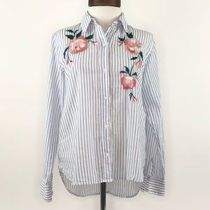 Rails Rose Embroidered Blue Stripe Button Down